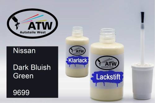 Nissan, Dark Bluish Green, 9699: 20ml Lackstift + 20ml Klarlack - Set, von ATW Autoteile West.